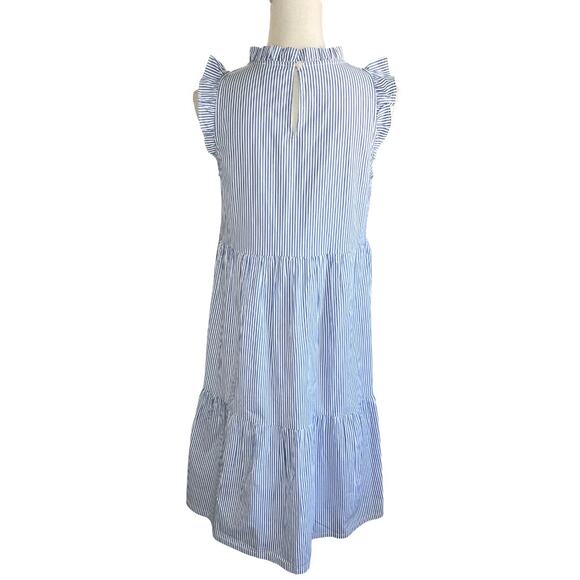 J. CREW Blue & White Stripe dress Flounce Searsucker Sleeveless preppy Tiered - Picture 6 of 7